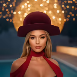 a woman wearing a red hat and posing with a pool at night