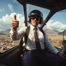 man in suit and tie sitting inside helicopter
