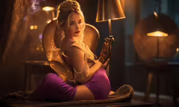 a very attractive blonde woman sitting next to a lamp