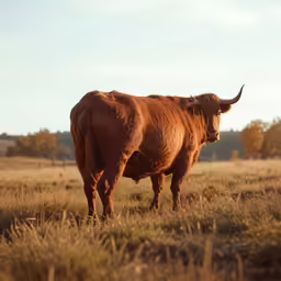 the long horn steer is standing alone in the grass