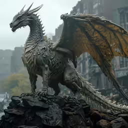 a sculpture of a dragon standing on some rocks