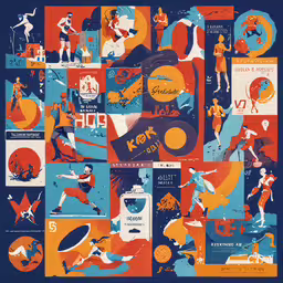 a blue and orange poster with several people in various positions,various images of a man with different athletic uniforms