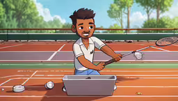 a cartoon tennis player hitting the ball on the court,a guy plays with his tennis racquet in an animation