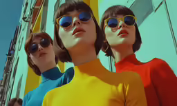 three models wearing vintage style sunglasses in front of a building