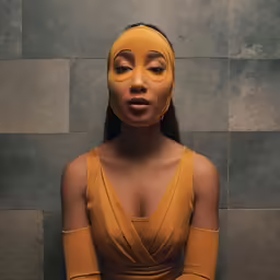 a woman wearing yellow with a yellow mask on