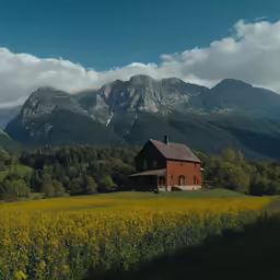 a large house in the middle of a lush green field