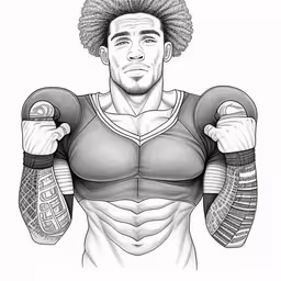 a drawing of a man in a sports uniform,a drawing of a man holding two sports pads,a sketch of an athletic man holding two gloves,a man with big arms and a full set of boxing gloves on his shoulder,an illustration of a man with arms crossed holding two pairs of shoes