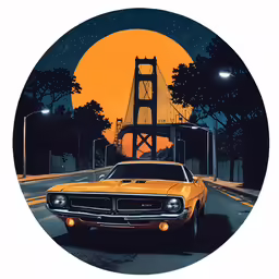 an orange car driving down the street with a golden gate bridge in the background
