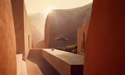 the sun shines down in an alley in a desert