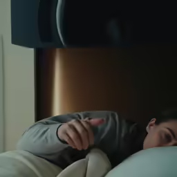 a woman lays in bed and points to the wall with her finger