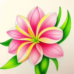 a drawing of a pink flower with green leaves,a drawing of a flower with green leaves