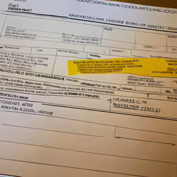 a picture with some stickers and text on it,a yellow tag on top of a document with numbers on it