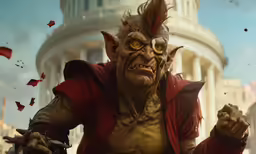 a large demonic creature with a clock in the background