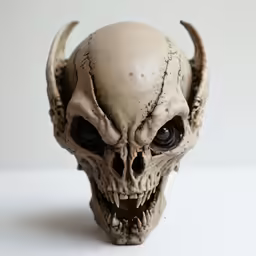 there is a weird looking, creepy looking, plastic human head with a horned and curled crown on it