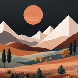a painting of mountains and trees at night with the sun above them,an art print depicting the sunset on a landscape