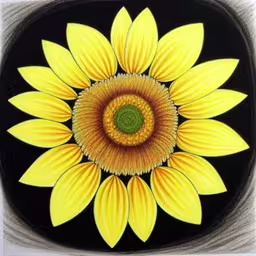 there is a drawing with sunflowers in yellow and black,a drawing of a large yellow flower with brown center