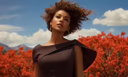 a woman is posing for a picture on a bright day