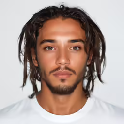 a man with long hair in front of a white wall
