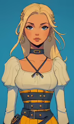 a girl wearing a yellow and blue outfit