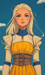 a blonde female with long hair and blue eyes in a yellow dress