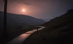 a trail leading to the mountains on a night
