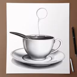 a drawing of a cup of tea with a spoon