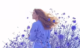 woman in a blue robe holding her long red hair