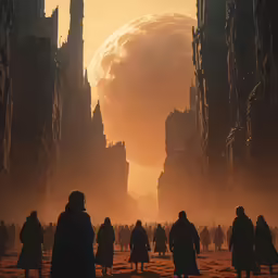 a sci - fi film showing several people walking past a giant alien city