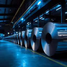 several rolls of steel in a warehouse are sitting on the floor