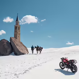 a motorcycle parked in the snow with a group of people walking next to it