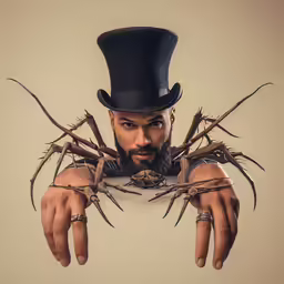 a man wearing a top hat with two hands