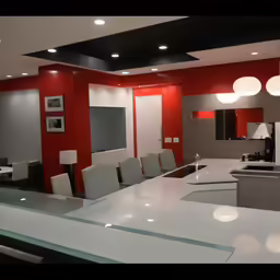 red and white walls behind a sleek looking counter with lots of chairs