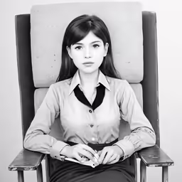 black and white photograph of a woman in dress shirt sitting on a chair