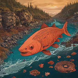 a painting depicting a fish swimming in water,a fish that is standing on rocks near some water