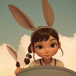 a young girl wearing rabbit ears holding a knife and fork