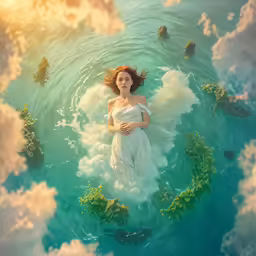 woman in a white dress floating on water
