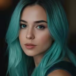 a woman with green hair is looking into the camera