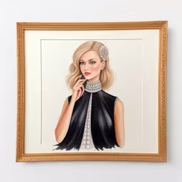 a portrait of a woman with blonde hair, wearing a black dress,a painting of a woman wearing black with a choker on her head,a painting of a woman wearing a black dress,a drawing of a woman wearing a dress and a black cape,a drawing of a woman in a black dress and wearing a tiara