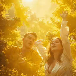 man and woman posing for photo with their arms in the air