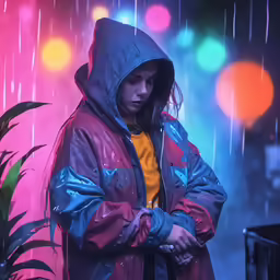 a person standing outside under a rain filled street lamp