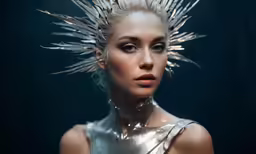 a woman in a silver outfit with spikes on her head