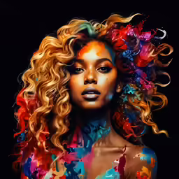 a black woman covered in multicolored hair and makeup