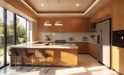 a modern kitchen with lots of wooden cabinetry