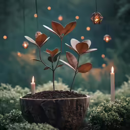 a bunch of candles lit up in a garden