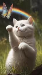 a white cat holding his paw to the ground with a rainbow and a butterfly flying near it