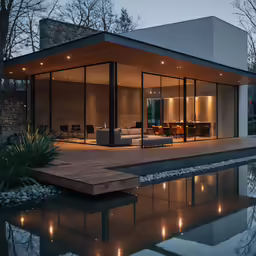 a house with lots of windows and lighting