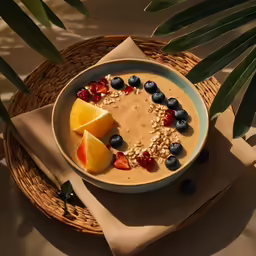 a bowl of porridge with strawberries, orange and blueberries