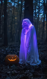 there is a halloween ghost next to a pumpkin in the woods