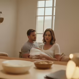 a woman and man sitting at a table with a baby