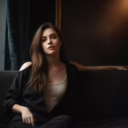 a woman sitting on a couch looking into the distance